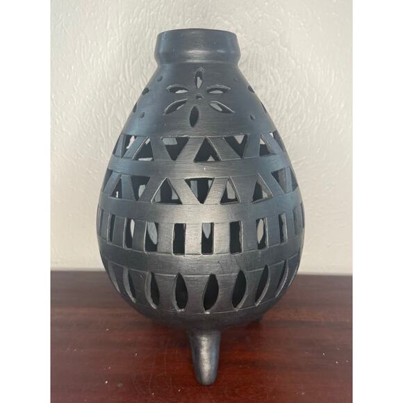 Oaxacan Barro Negro Black Pottery Pierced Planter Tripod Base Handmade Mexico - Picture 2 of 6